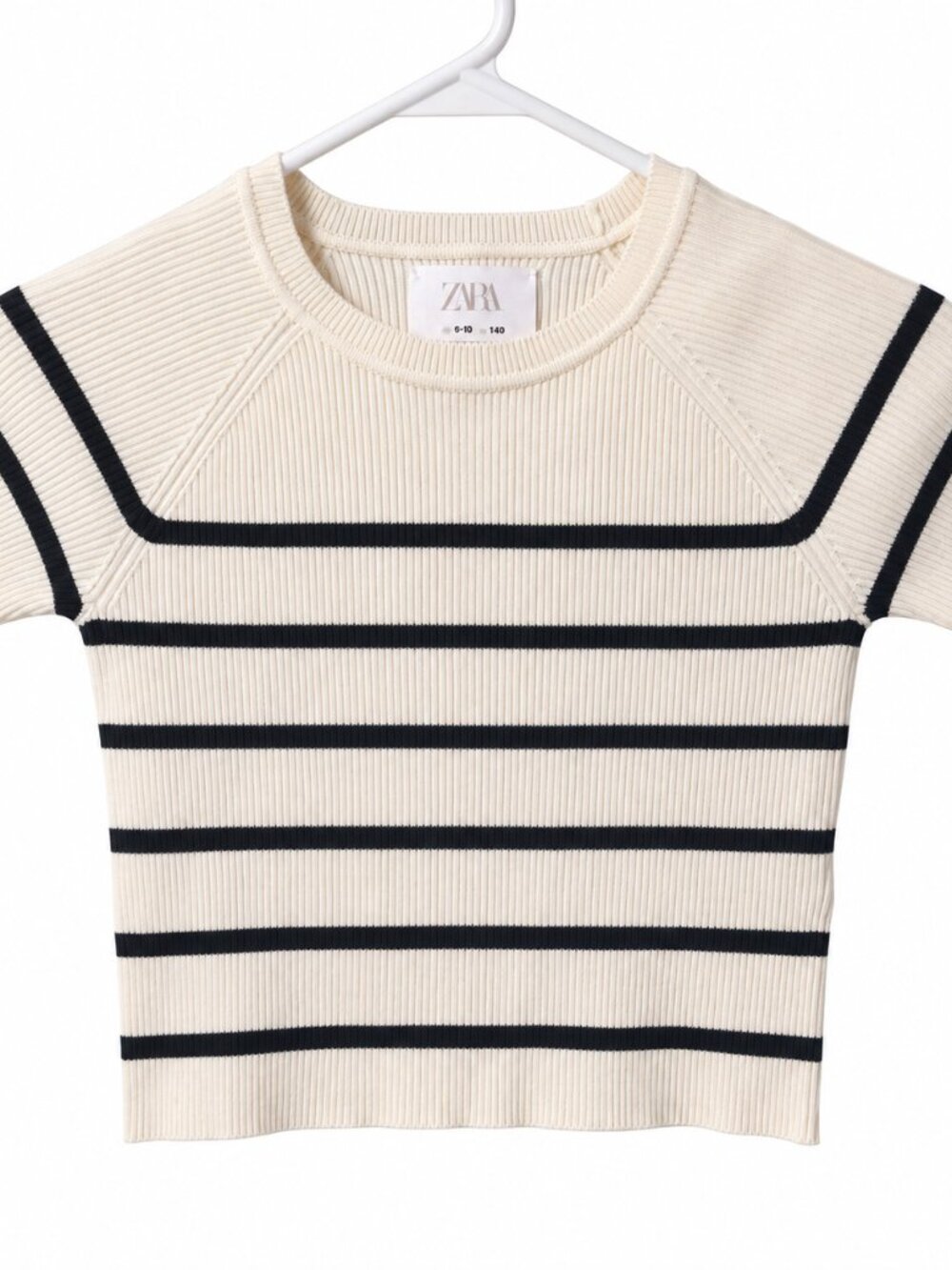 Zara Girls 9-10 Ribbed Knit Striped Short Sleeve Top Cream Black